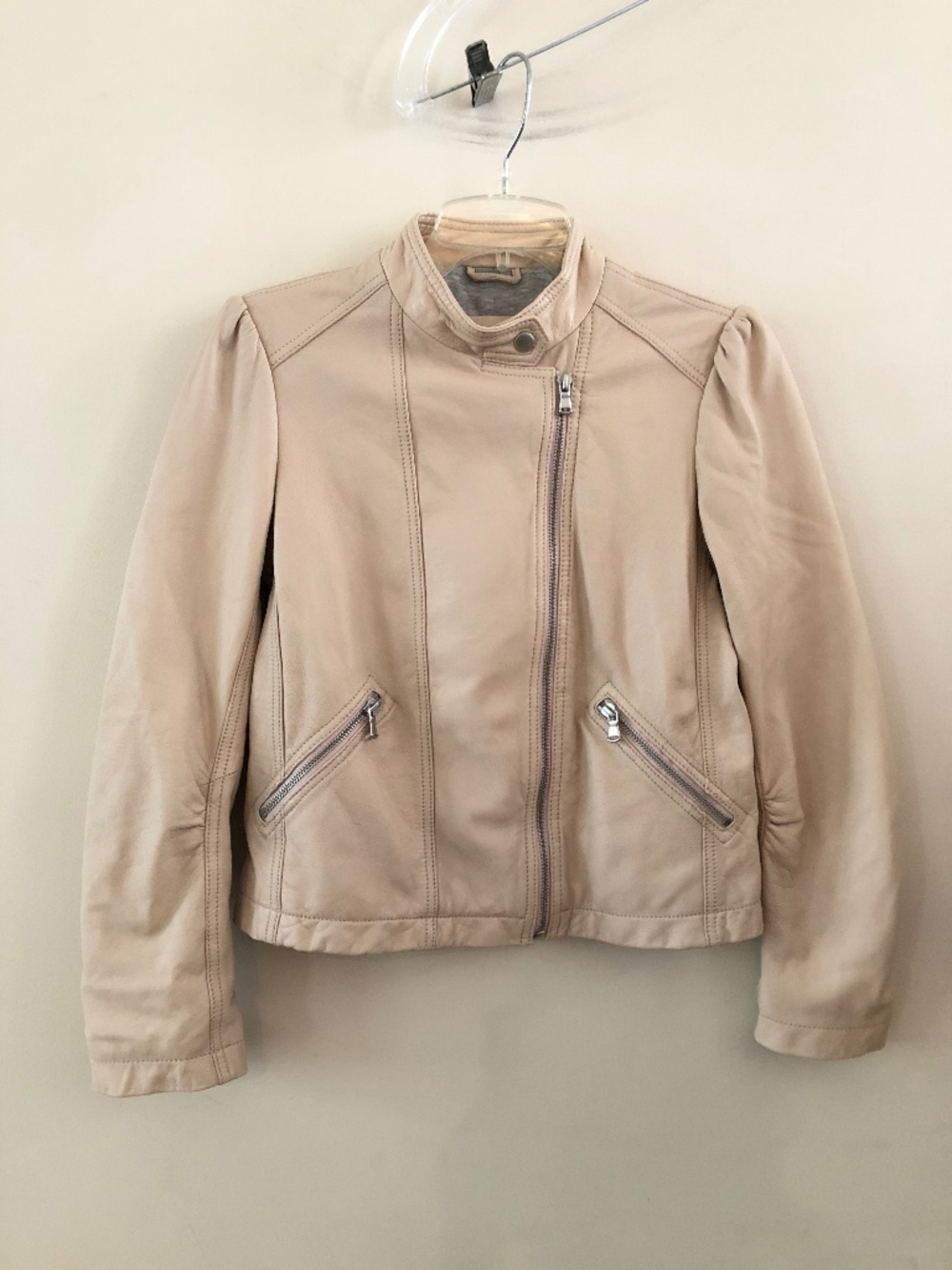 Rebecca Taylor Blush Nude Lambskin Leather Moto Jacket 2 XS Puff Shoulder Chic